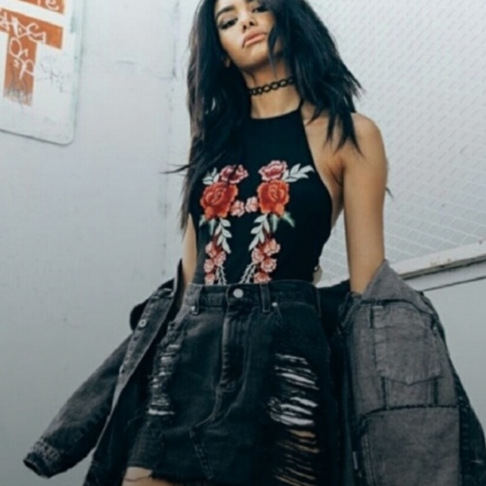 NWT LF Call Me Eden Rose Embroidered Sheer Bodysuit ( S)